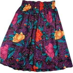 Vintage 80's Floral Midi Skirt Bright Abstract Print Party Retro Small Pleated